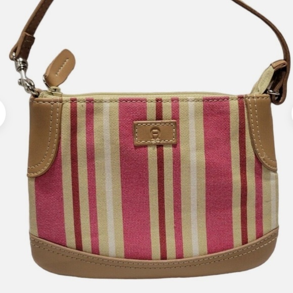 Etienne Aigner Pink and Cream Striped Canvas mini Bag/ Wristlet Bag - Picture 2 of 6